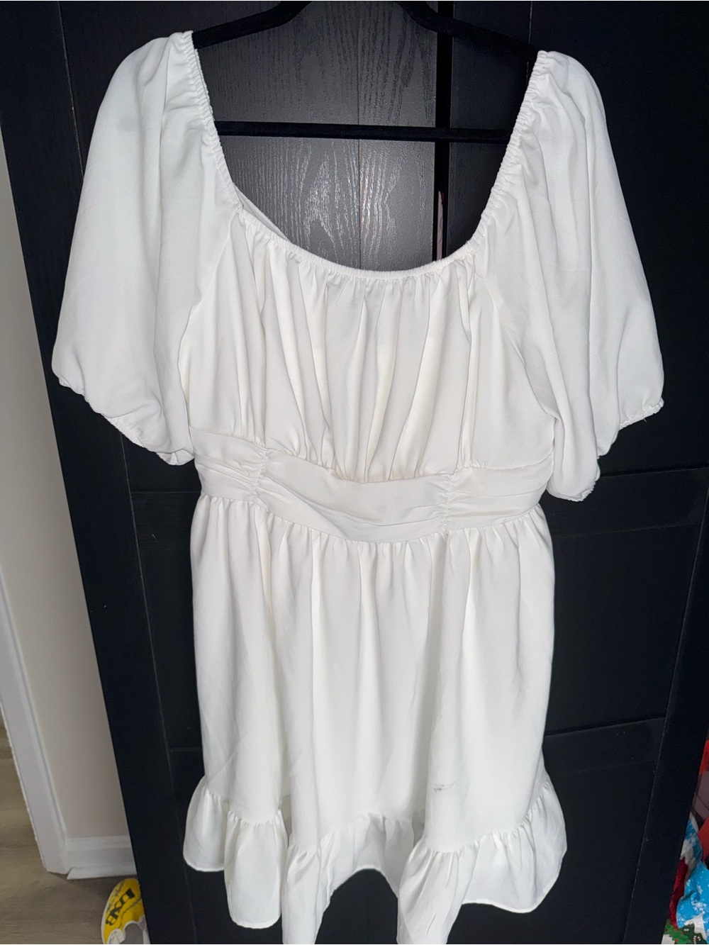 White Puff Sleeve Ruffle Hem Mini Dress